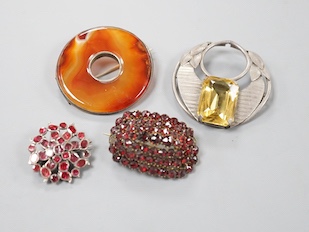 Four assorted Victorian and later brooches including agate set, 45mm.